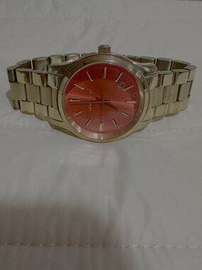 Michael Kors MK5975 Gold Tone Watch Coral Orange Dial Oversized Bracelet Watch